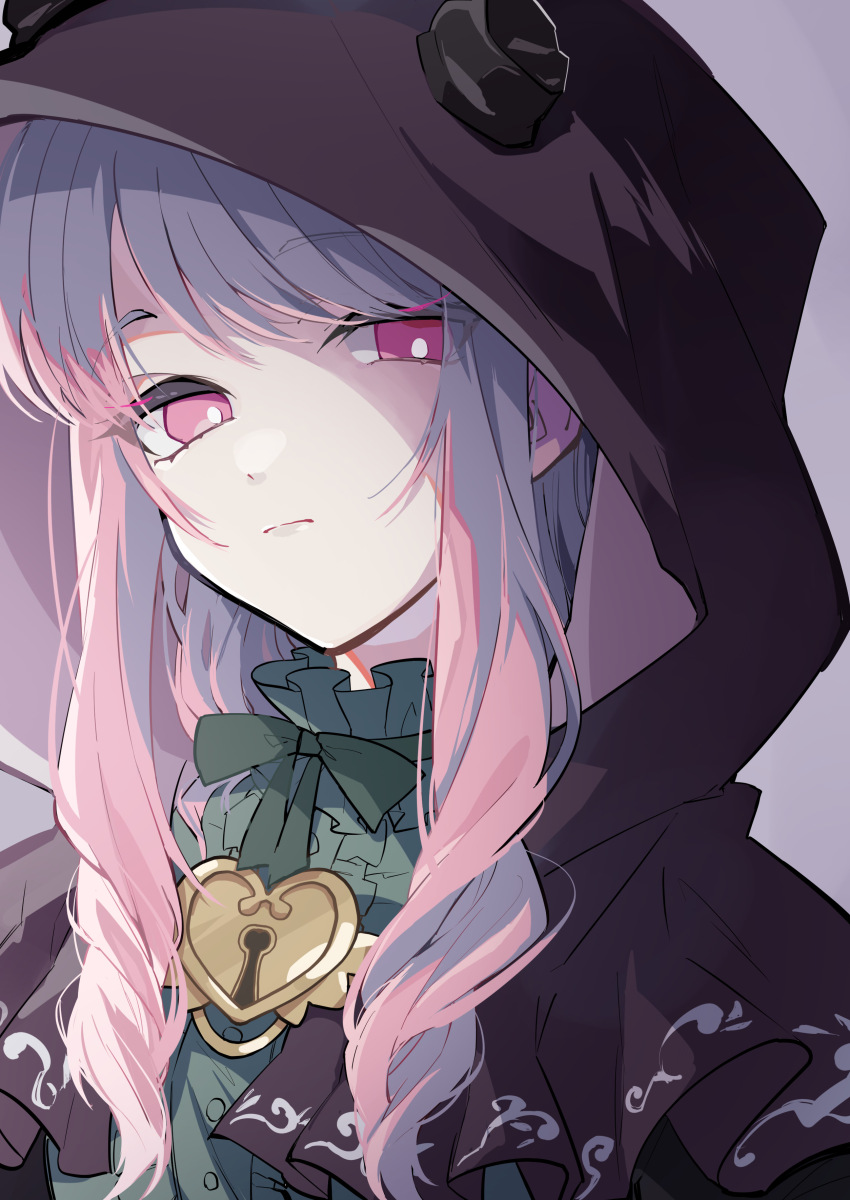 1other absurdres akiyama_mizuki bright_pupils closed_mouth commentary_request grey_background highres hood hood_up long_hair long_sleeves looking_at_viewer lower_(vocaloid) nekoma_hikaru other_focus pink_hair project_sekai red_eyes ribbon solo upper_body white_pupils