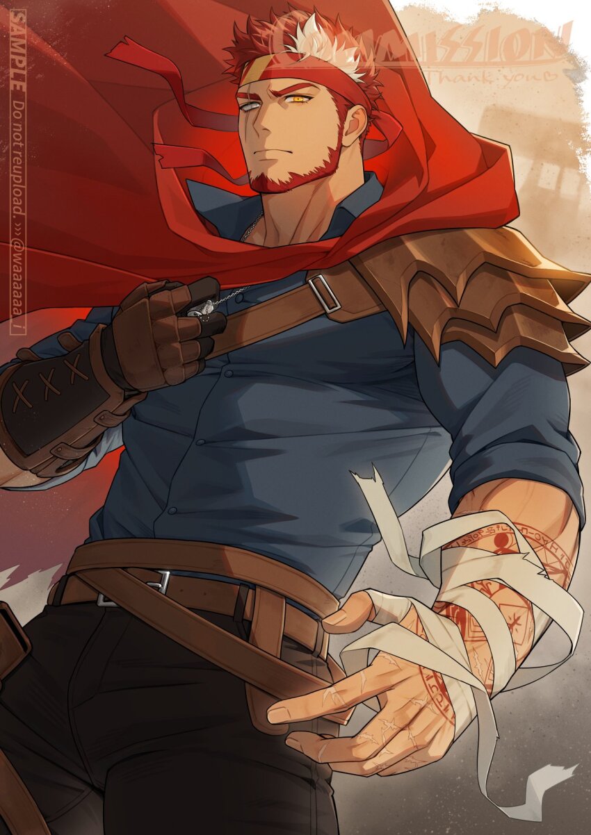 1boy amagosi arm_tattoo armor bandaged_arm bandages bara beard belt black_pants blue_shirt cape closed_mouth collared_shirt commission cowboy_shot dog_tags facial_hair gloves headband heterochromia highres holding_dog_tags indie_virtual_youtuber leather leather_gloves looking_at_viewer loose_bandages male_focus multicolored_hair multiple_belts muscular muscular_male pants pauldrons red_cape red_facial_hair red_hair red_headband ryuugen_drake scar scar_across_eye scar_on_face scar_on_hand shirt short_hair shoulder_armor single_pauldron skeb_commission solo streaked_hair tattoo virtual_youtuber white_hair yellow_eyes