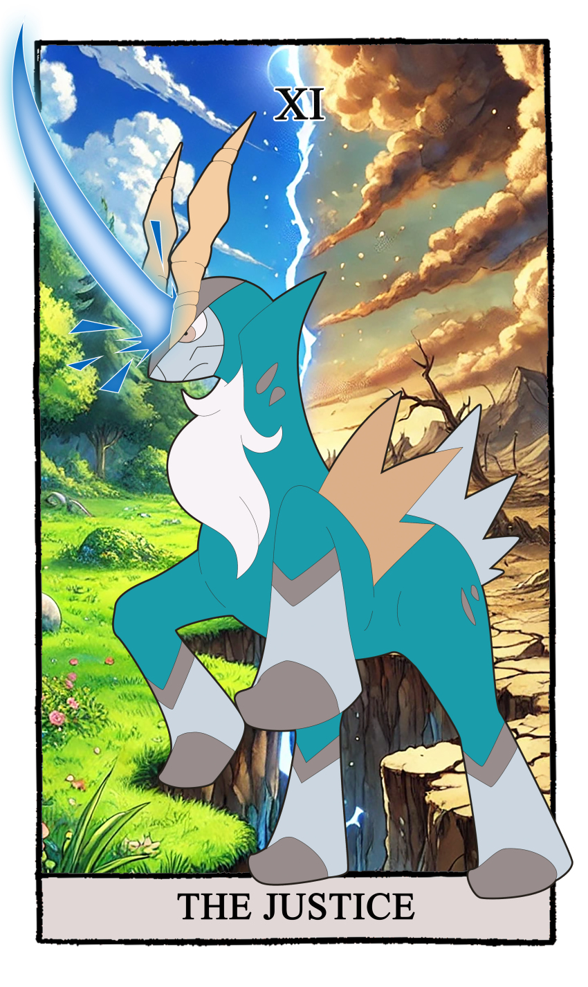 absurdres animal_focus border brown_eyes card_(medium) carrotzmoonman closed_mouth cobalion commentary english_commentary flat_color from_side gen_5_pokemon highres justice_(tarot) legendary_pokemon nintendo no_humans outdoors pokemon pokemon_(creature) roman_numeral screenshot_background tarot tarot_(medium) white_border