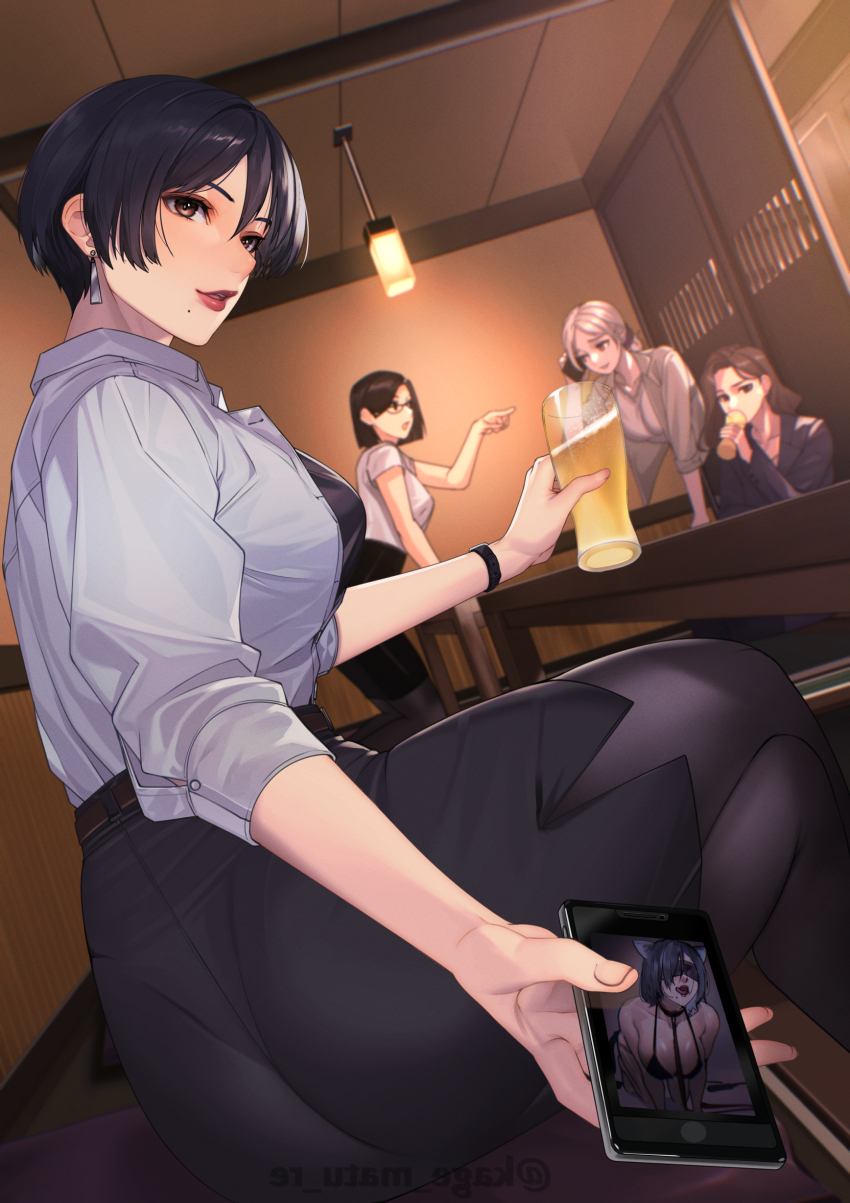 4girls absurdres alcohol all_fours beer black_blindfold black_bra black_hair black_pantyhose black_skirt blindfold bra breasts brown_hair cup earrings grey_shirt highres holding holding_cup holding_phone jewelry kagematsuri lips mole mole_under_mouth multiple_girls office_lady original pantyhose parted_lips pencil_skirt phone shirt short_hair sitting skirt tongue tongue_out twitter_username underwear