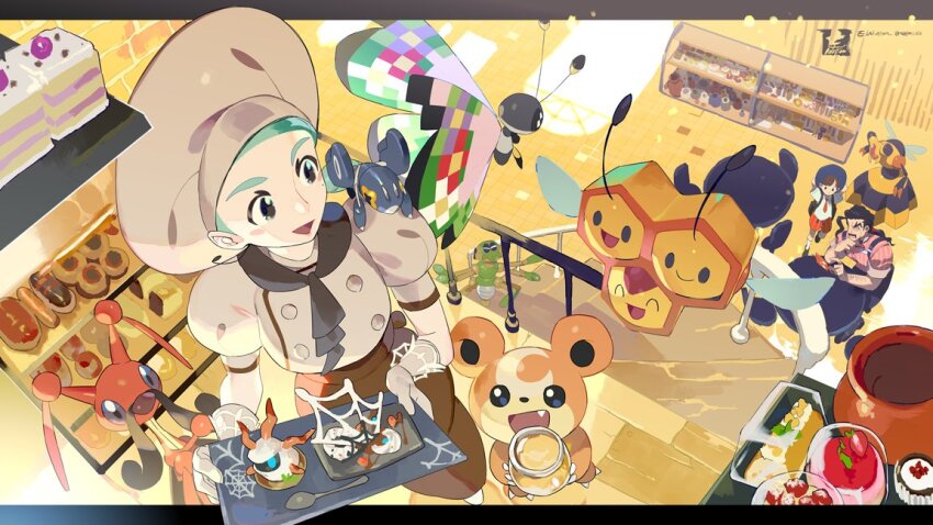 1girl 2boys ascot brown_skirt buttons chair combee e_volution florian_(pokemon) food from_above gen_2_pokemon gen_4_pokemon gen_5_pokemon gen_6_pokemon hat holding honey katy_(pokemon) kricketune larvesta lokix multiple_boys nintendo on_shoulder pokemon pokemon_(creature) pokemon_on_shoulder pokemon_sv puffy_sleeves saguaro_(pokemon) shirt short_sleeves skirt spoon stairs table teddiursa themed_object tray vespiquen vivillon