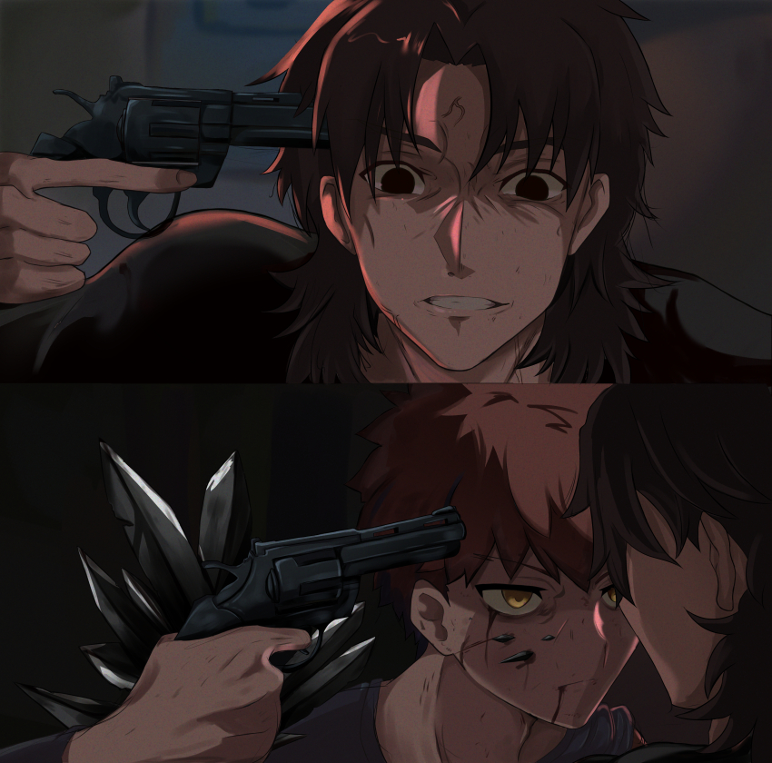 absurdres black_keys_(type-moon) bleeding blood blood_from_mouth blood_on_face collage emiya_shirou fate/stay_night fate_(series) gambling gun gun_to_head highres holding holding_gun holding_weapon igote injury kotomine_kirei meme multiple_boys nosebleed orange_hair priest raglan_sleeves red_hair roulette shokobr squid_game squid_game squid_games_(meme) unlimited_blade_works_(reality_marble) weapon yellow_eyes