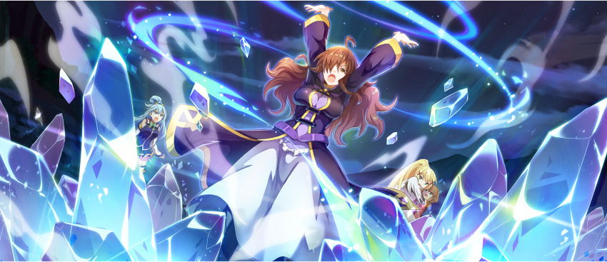 4girls :o ahoge aqua_(konosuba) armor arms_up aura blonde_hair blue_eyes blue_hair blue_shirt blue_skirt bow bowtie breasts brooch brown_eyes brown_hair cross cross_brooch cryokinesis darkness_(konosuba) detached_sleeves dress from_below game_cg gold_trim green_bow green_bowtie hair_ornament hair_over_one_eye hair_rings highres ice jewelry kono_subarashii_sekai_ni_shukufuku_wo! konosuba!_fantastic_days large_breasts light_blue_hair light_particles long_dress long_hair magic miniskirt multiple_girls official_art open_mouth ponytail protecting purple_dress purple_robe robe shirt sidelocks single_hair_ring skirt sleeveless sleeveless_shirt steam two-tone_dress v-shaped_eyebrows wavy_hair white_dress wing_brooch wiz_(konosuba) x_hair_ornament