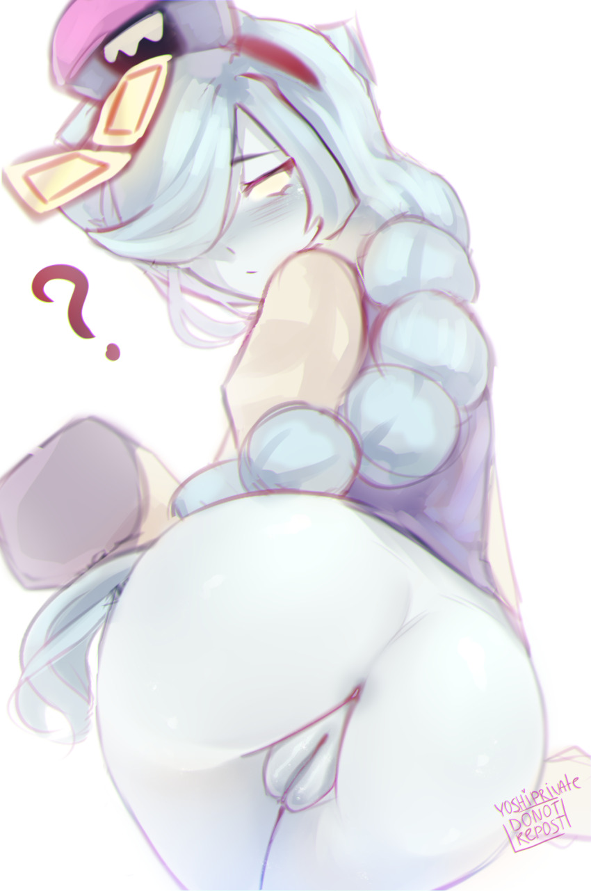 1girl 66yoshi99 blue_hair blue_skin blush brawl_stars colette_(brawl_stars) colored_skin ghost hat highres inspector_colette_(brawl_stars) long_hair non-web_source pussy school_uniform solo yellow_eyes