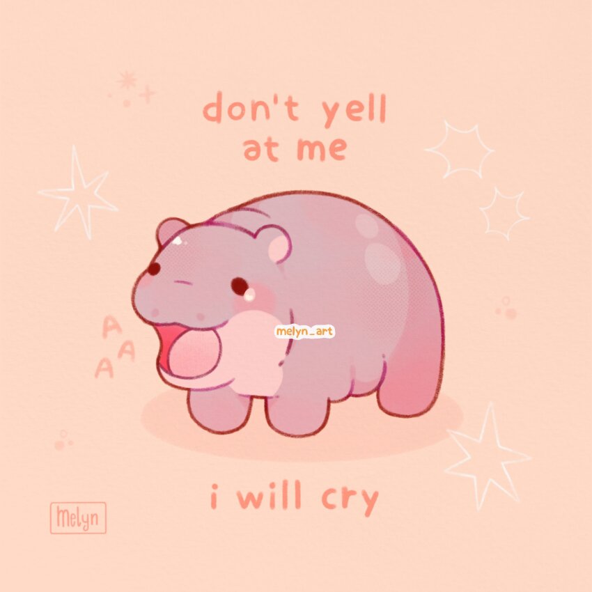 animal_focus artist_name black_eyes brown_background commentary english_text hexagram highres hippopotamus melyn_art moo_deng no_humans open_mouth pastel_colors pink_background pink_theme real_life shadow solo star_(symbol) tearing_up