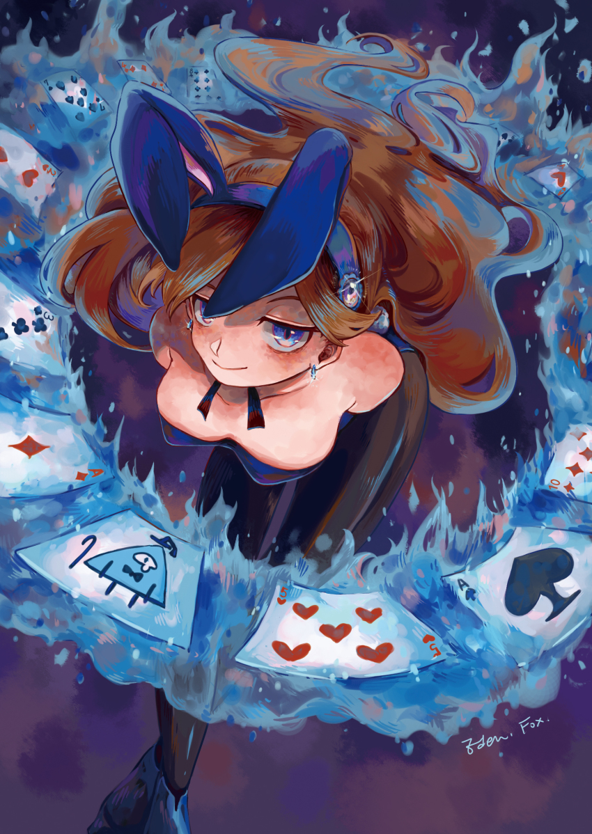 1girl animal_ears aqua_eyes bill_cipher blue_fire breasts brown_hair card cleavage dark_persona earrings edenfox fake_animal_ears fire gem glowing_jewelry gravity_falls hair_ornament hairband highres jewelry leotard long_hair mabel_gleeful mabel_pines magic pantyhose playboy_bunny playing_card rabbit_ears telekinesis will_cipher