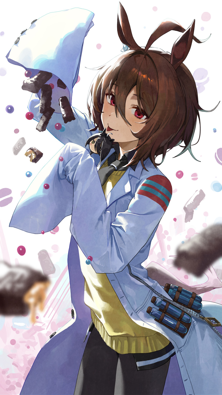 1girl absurdres agnes_tachyon_(umamusume) ahoge animal_ears bandolier belt black_necktie black_pantyhose brown_hair c2h6o candy chocolate coat commentary_request cork earrings food hair_between_eyes highres horse_ears horse_girl horse_tail jewelry lab_coat long_sleeves messy_hair necktie open_clothes open_coat pantyhose red_eyes short_hair simple_background single_earring sleeves_past_fingers sleeves_past_wrists smile solo sweater_vest tail test_tube tongue tongue_out umamusume very_long_sleeves white_background white_coat yellow_sweater_vest