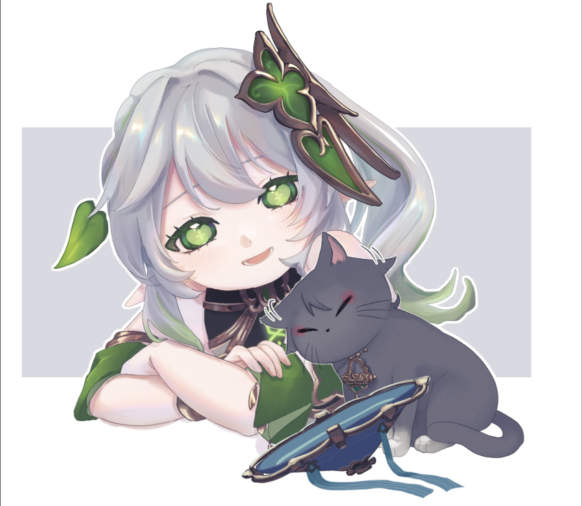 1girl animalization arm_rest armlet bare_shoulders black_cat blue_hat blush cat colored_eyelashes cropped_torso cross-shaped_pupils crossed_arms detached_sleeves eyelashes fingernails genshin_impact gold gold_pendant green_eyes green_hair green_pupils green_sleeves hair_ornament hand_on_own_arm hat heart heart_hair_ornament highres jewelry jingasa leaf leaf_hair_ornament long_hair looking_at_object lower_teeth_only metio2n multicolored_hair nahida_(genshin_impact) open_mouth person_and_animalization scaramouche_(cat)_(genshin_impact) scaramouche_(genshin_impact) side_ponytail sidelocks streaked_hair symbol-shaped_pupils teeth unworn_hat unworn_headwear wanderer_(genshin_impact) white_hair wispy_bangs