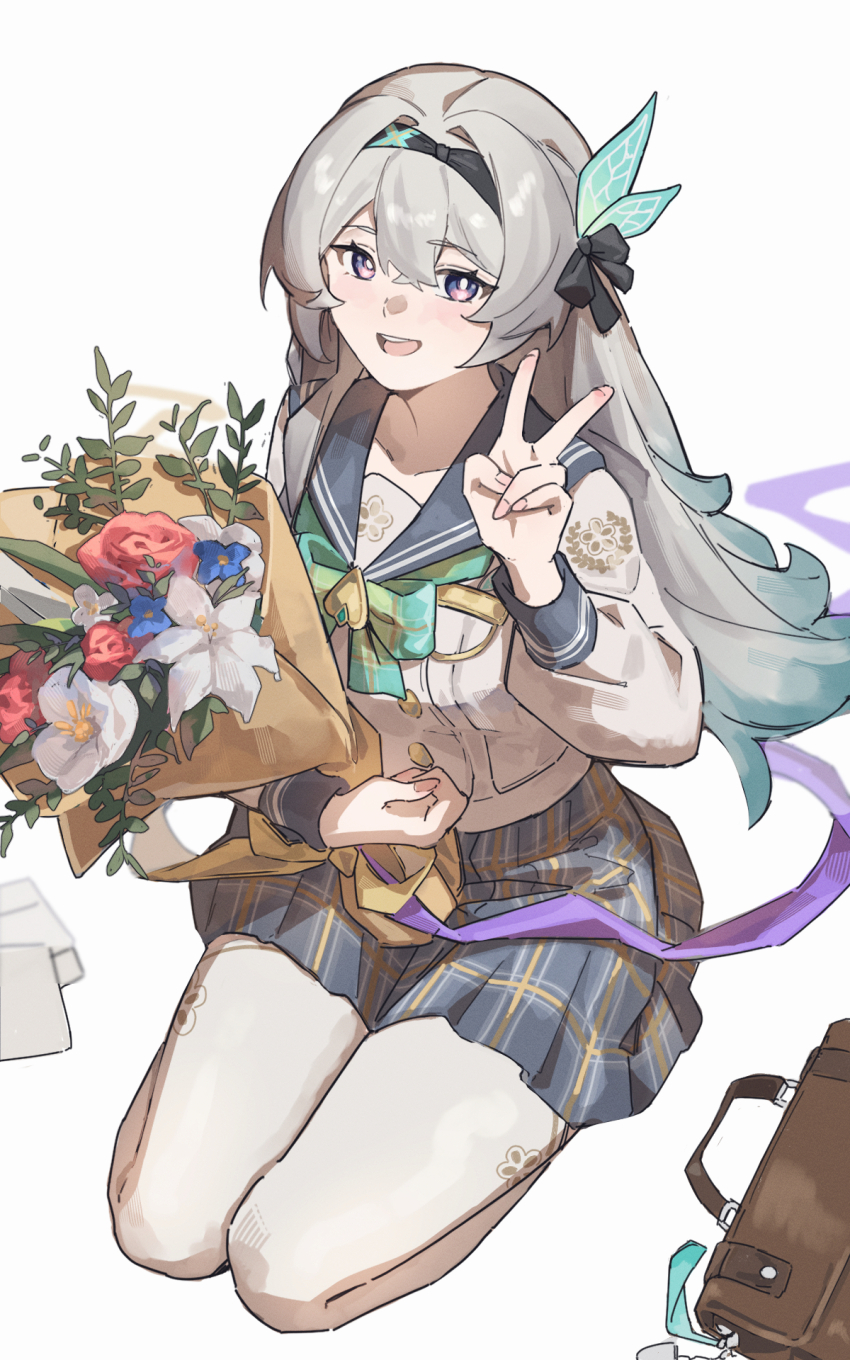 1girl bag black_hairband black_ribbon blue_sailor_collar bouquet brown_bag enqiddo firefly_(honkai:_star_rail) firefly_(spring_missive)_(honkai:_star_rail) flower gradient_hair grey_hair grey_pupils grey_skirt hair_between_eyes hair_intakes hair_ornament hair_ribbon hairband handbag highres holding holding_bouquet honkai:_star_rail honkai_(series) kneeling long_hair long_sleeves multicolored_eyes multicolored_hair open_mouth pleated_skirt ribbon sailor_collar simple_background skirt smile solo teeth thighhighs two-tone_eyes upper_teeth_only v white_background white_sleeves white_thighhighs