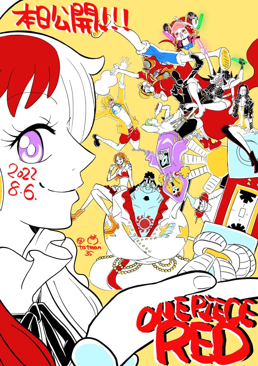2022 3girls 6+boys ^_^ arms_up black_hair blonde_hair blue_hair blue_shorts boots bottle brook_(one_piece) closed_eyes commentary copyright_name dated dress franky_(one_piece) green_hair hat highres holding holding_bottle holding_lightstick jacket jinbe_(one_piece) long_hair looking_at_viewer monkey_d._luffy multiple_boys multiple_girls nami_(one_piece) nico_robin one_piece one_piece_film:_red orange_hair purple_eyes red_hair roronoa_zoro sanji_(one_piece) scar scar_on_chest shorts straw_hat sunglasses tatman tony_tony_chopper usopp uta_(one_piece) yellow_background