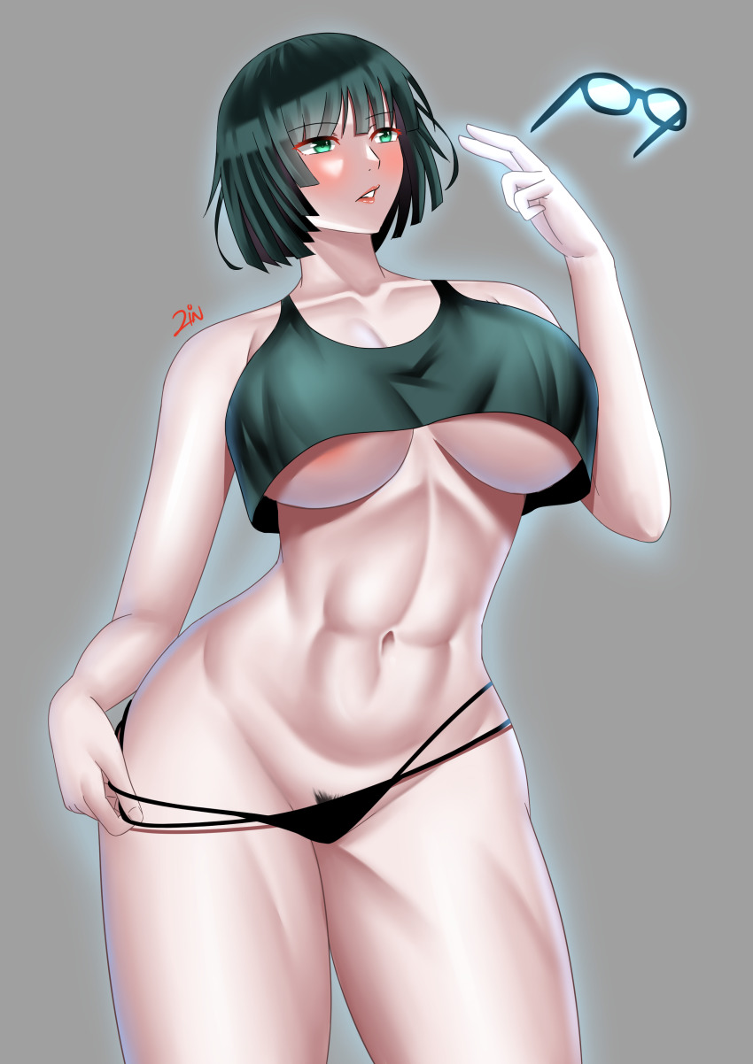 1girl abs absurdres areola_slip aura belly blue_aura blush breasts bush collarbone crop_top curvy dark_green_hair female_focus female_pubic_hair fubuki_(one-punch_man) glasses green_eyes green_hair grey_background hand_up highres large_breasts legs lips lipstick makeup medium_hair midriff narrow_waist navel one-punch_man open_mouth panties panty_pull psychic pubic_hair shiny_skin shirt short_hair solo standing stomach telekinesis thick_thighs thighs thong toned toned_female toned_stomach underboob underwear wide_hips zinfian