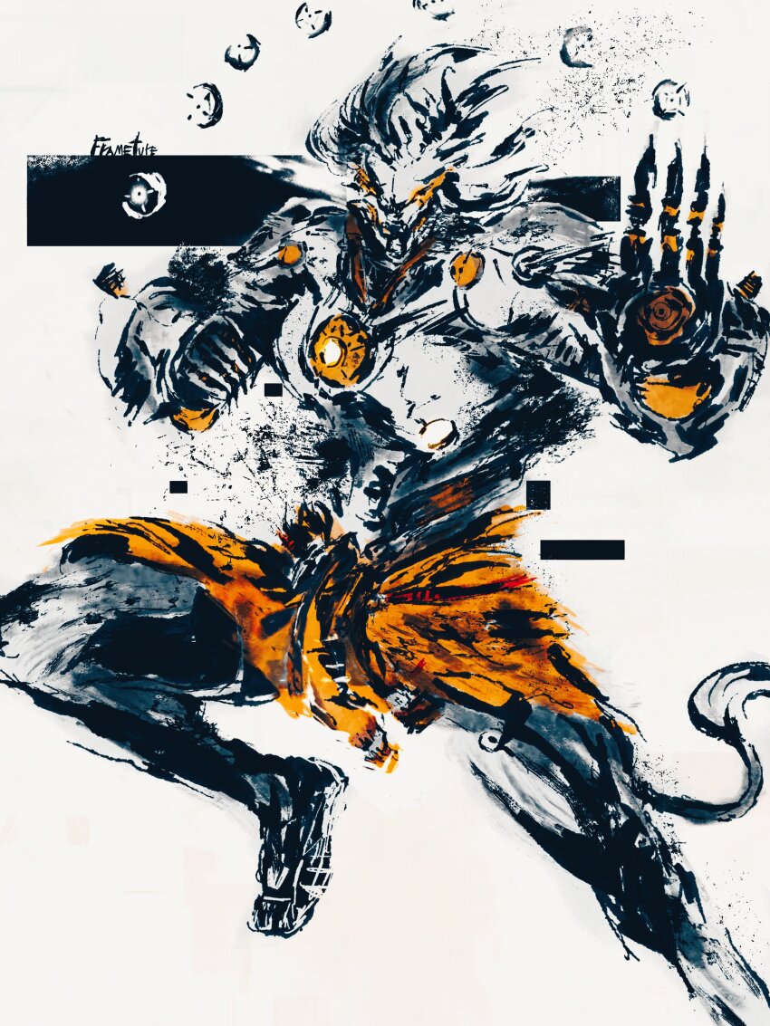 1boy absurdres artist_name banyue_(zenless_zone_zero) clothes_around_waist commentary english_commentary floating_ball frameture highres male_focus orange_shirt parody robot shirt shirt_around_waist style_parody tail topless_male zenless_zone_zero