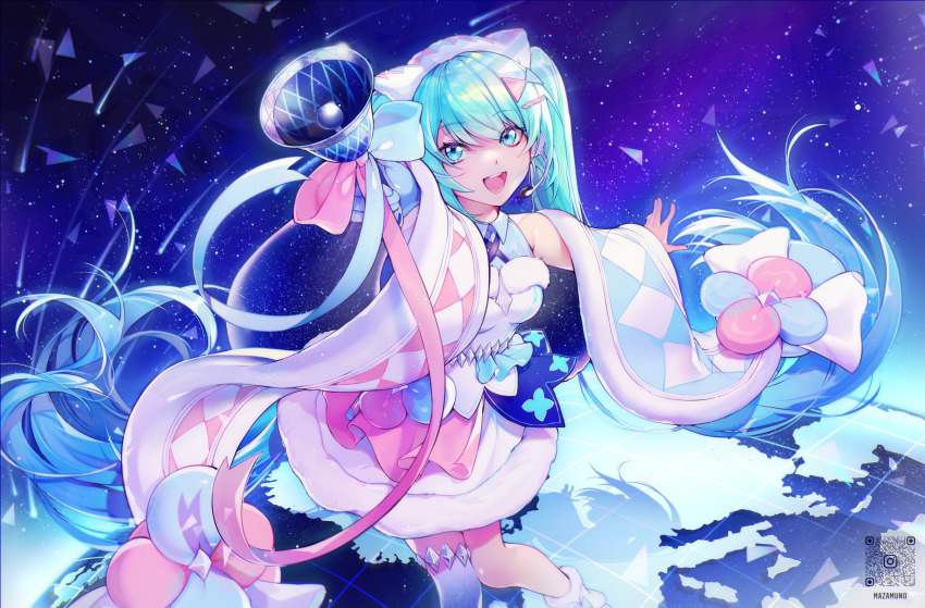 1girl absurdres aqua_eyes aqua_hair bad_id bad_pixiv_id barcode bell blue_bow blue_thighhighs bow comet dress flower foreshortening fur_trim globe hair_ornament hairband hairclip hatsune_miku highres long_hair magical_mirai_miku magical_mirai_miku_(2020_winter) mazamuno night pink_bow shooting_star signature single_thighhigh star_(sky) thighhighs twintails two-tone_bow very_long_hair vocaloid white_dress yuki_miku