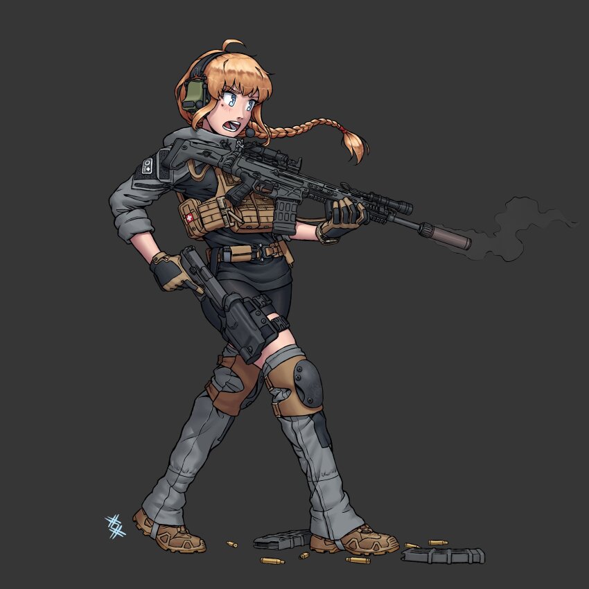 1girl absurdres ahoge bike_shorts black_background black_shorts blonde_hair blue_eyes blush braid bullet combat_shirt cz_805_bren cz_bren-2_br ear_protection full_body gaiters gloves gun headset highres holding holding_weapon indie_virtual_youtuber knee_pads leg_holster load_bearing_vest long_hair long_sleeves magazine_(weapon) open_mouth ostwindprojekt bulletproof_vest scope shorts simple_background solo suppressor teeth thighhigh_gaiters thighhighs virtual_youtuber weapon whiskey_project