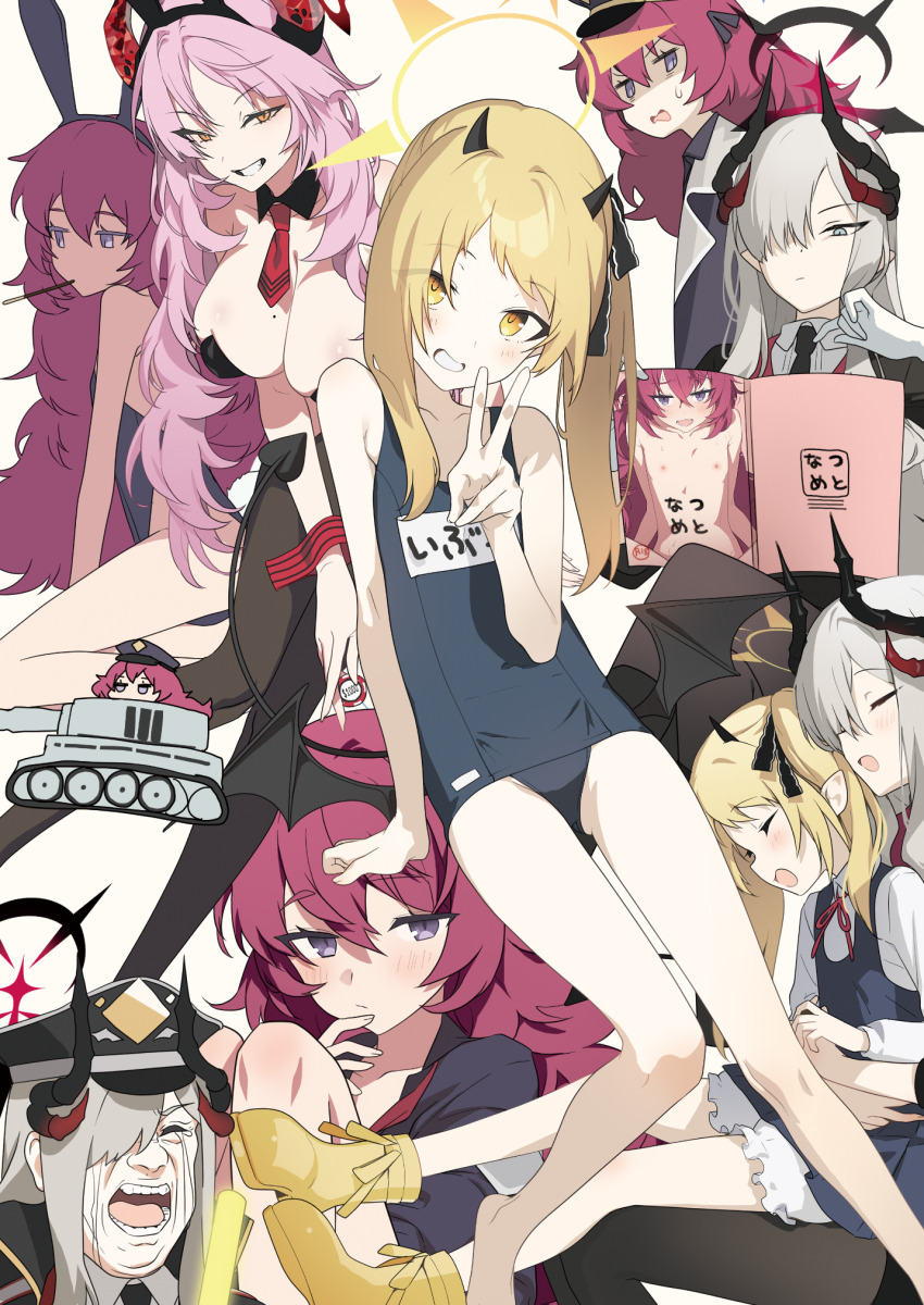 4girls akinashi_yuu alternate_costume animal_ears blue_archive blush breasts cleavage crying demon_girl demon_horns detached_collar fake_animal_ears highres horns hug ibuki_(blue_archive) iroha_(blue_archive) large_breasts leotard makoto_(blue_archive) manga_(object) multiple_girls nipples playboy_bunny rabbit_ears reading satsuki_(blue_archive) school_swimsuit small_breasts strapless strapless_leotard surprised swimsuit topless_female