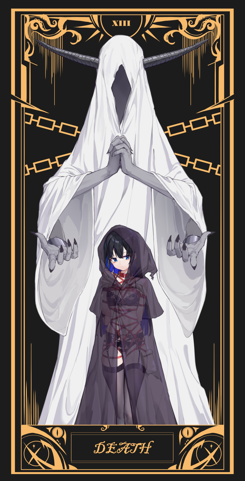 1girl 1other absurdres arms_behind_back bdsm black_hair blue_eyes blue_hair bondage bound bound_arms cloak collar colored_inner_hair colored_skin death_(tarot) extra_arms garter_belt garter_straps grey_skin highres hood hood_up hooded_cloak horns long_hair looking_at_viewer multicolored_hair original own_hands_clasped own_hands_together shibari standing tarot thighhighs variant_set x-ray xiongmao