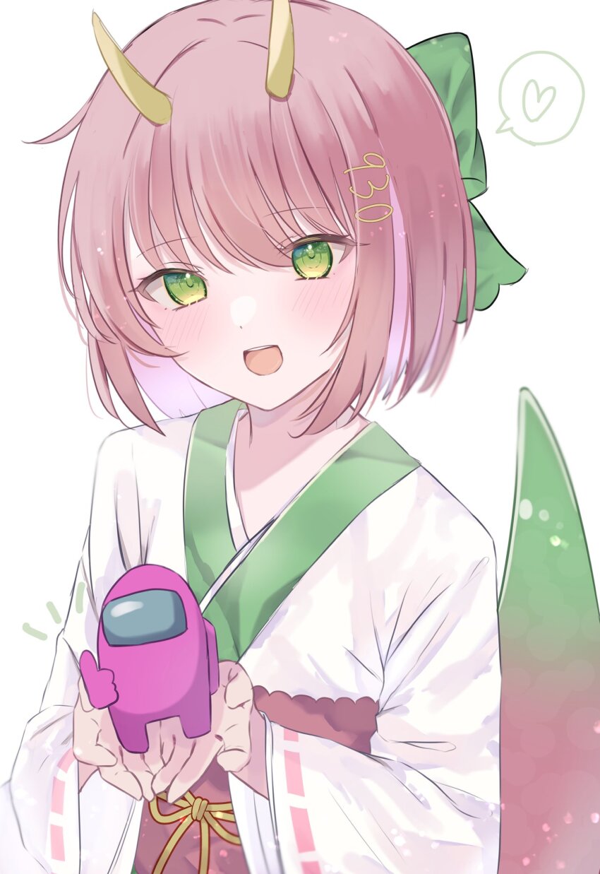 1girl among_us blush bow crewmate_(among_us) green_bow green_eyes gusao hair_bow highres horns japanese_clothes kimono obi open_mouth pink_(among_us) pink_hair red_sash sash short_hair smile solo swept_bangs white_kimono yellow_horns yomogi_mogu youtube
