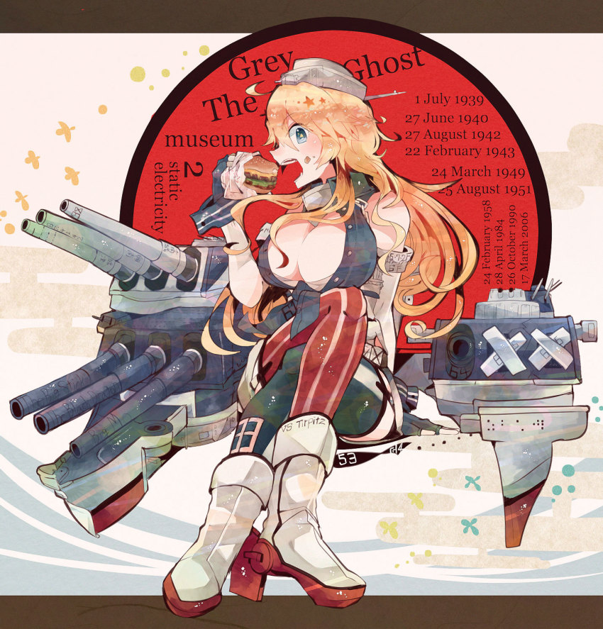 10s 1girl blonde_hair blue_eyes braille breasts burger cleavage crossed_legs eating elbow_gloves female_focus fingerless_gloves food garter_straps gloves highres iowa_(kancolle) itomugi-kun kantai_collection large_breasts long_hair miniskirt morse_code open_mouth rudder_footwear ship_turret sitting skirt solo star-shaped_pupils star_(symbol) symbol-shaped_pupils thighhighs