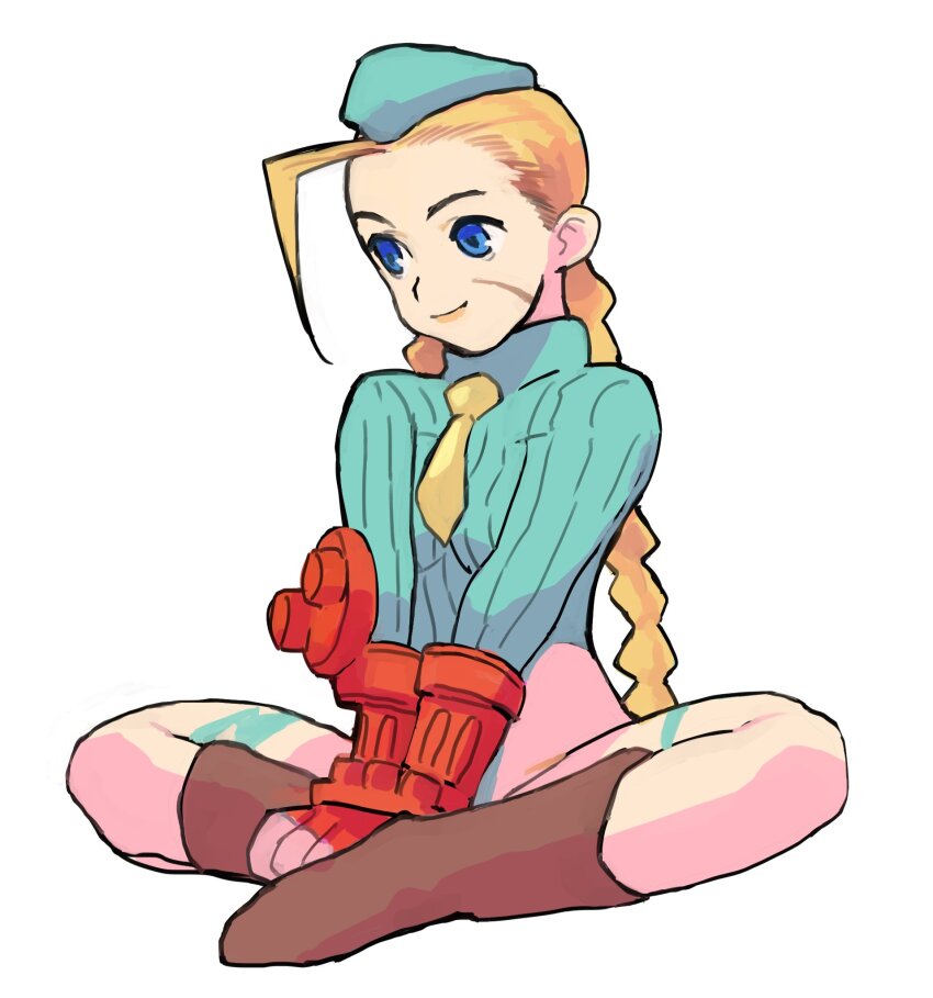 1girl blonde_hair blue_eyes blue_hat blue_leotard bodypaint boots braid brown_boots cammy_white closed_mouth facial_scar fingerless_gloves full_body gan2 garrison_cap gloves hat highleg highleg_leotard highres leotard long_hair necktie red_gloves ribbed_leotard scar scar_on_cheek scar_on_face simple_background sitting smile solo street_fighter street_fighter_zero_(series) twin_braids white_background yellow_necktie