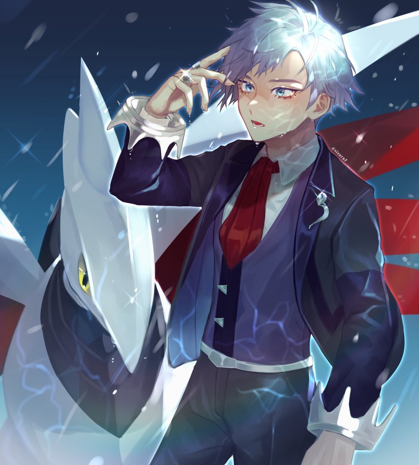 1boy absurdres black_jacket black_pants blue_eyes blue_hair collared_shirt commentary_request eyelashes gen_2_pokemon glint hand_up highres jacket jewelry long_sleeves lower_teeth_only male_focus necktie nintendo open_clothes open_jacket open_mouth pants pokemon pokemon_(creature) pokemon_oras purple_vest red_necktie ring shirt short_hair sizuru_(garasuame0206) skarmory steven_stone teeth tongue vest white_shirt