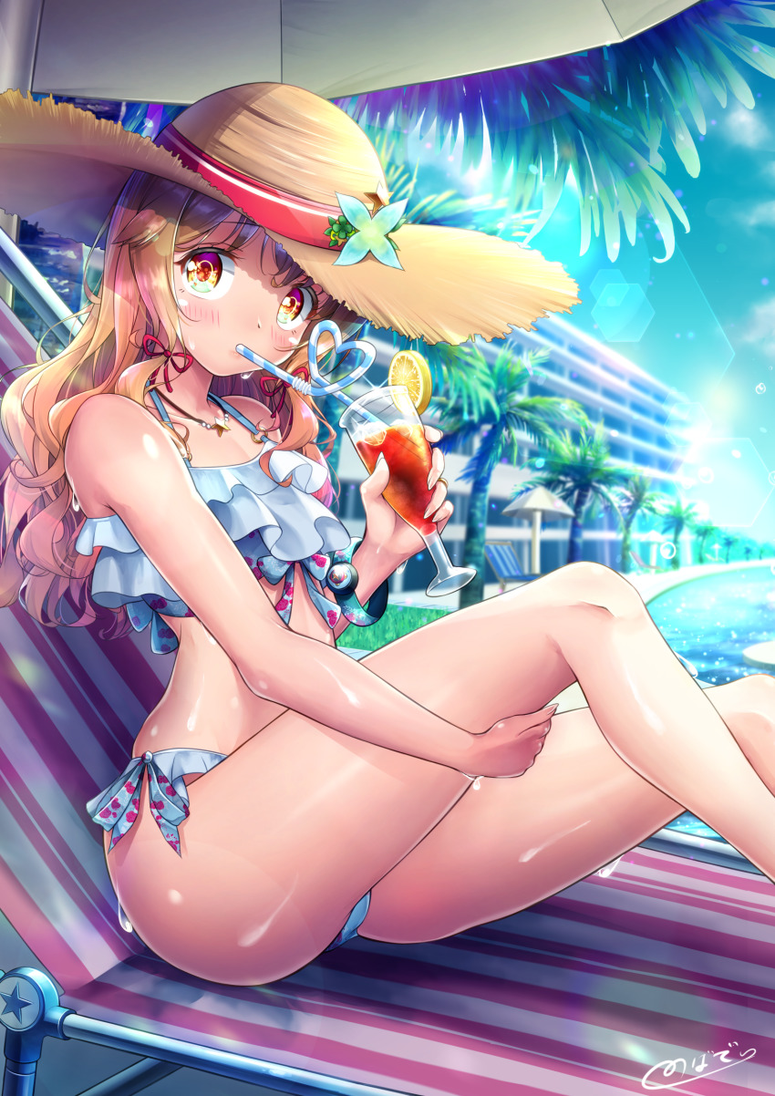 1boy androgynous artist_name ass beach_chair beach_umbrella bikini blurry blush brown_hair building bulge chair collarbone curvy day depth_of_field drink dripping fingernails food frilled_bikini frills fruit glass hair_ribbon hand_on_own_thigh hat head_tilt highres holding huge_ass ice ice_cube jewelry knees_up lemon lemon_slice lens_flare long_hair looking_at_viewer lounge_chair male_focus natsusora_wakana necklace novady o-ring o-ring_top original outdoors palm_tree pool poolside ribbon sharp_fingernails shiny_skin side-tie_bikini_bottom signature sitting solo star_(symbol) straw_hat sunlight swimsuit trap tree umbrella wide_hips