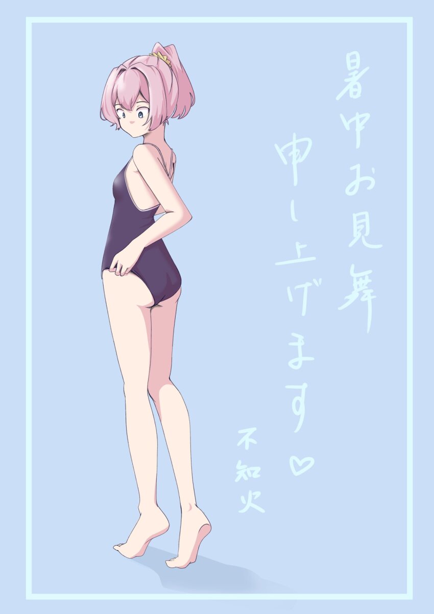 1girl alternate_costume ass barefoot blue_background blue_eyes blue_one-piece_swimsuit chakoru competition_school_swimsuit full_body hair_intakes highres kantai_collection one-piece_swimsuit ponytail purple_hair school_swimsuit shiranui_(kancolle) shochuumimai solo swimsuit tiptoes