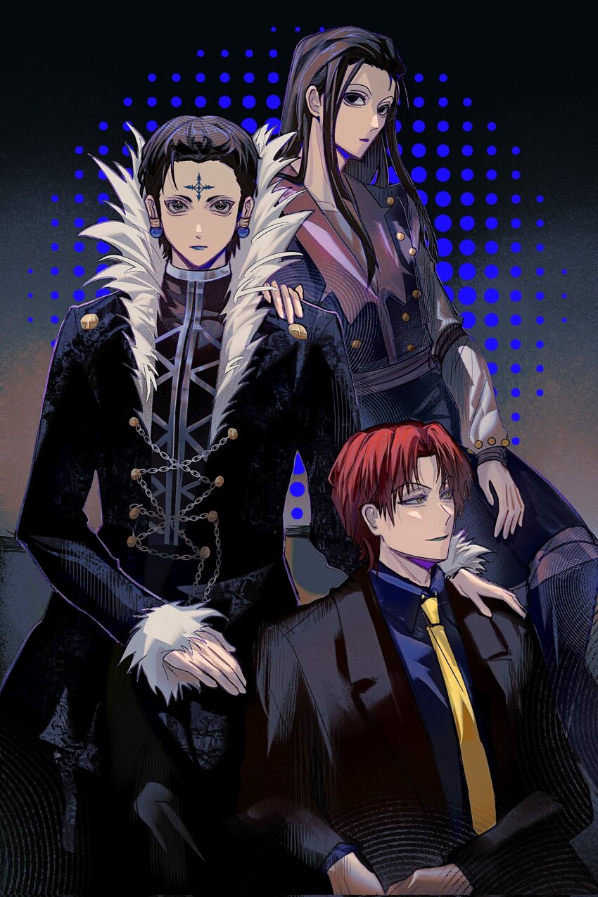3boys black_hair black_jacket blue_lips blue_shirt chrollo_lucilfer closed_mouth collared_shirt earrings facial_mark forehead_mark fur-trimmed_jacket fur_trim grose hand_on_another&#039;s_shoulder highres hisoka_morow hunter_x_hunter illumi_zoldyck jacket jewelry long_hair male_focus multiple_boys necktie parted_bangs red_hair shirt short_hair sidelocks smile suit_jacket upper_body yellow_necktie