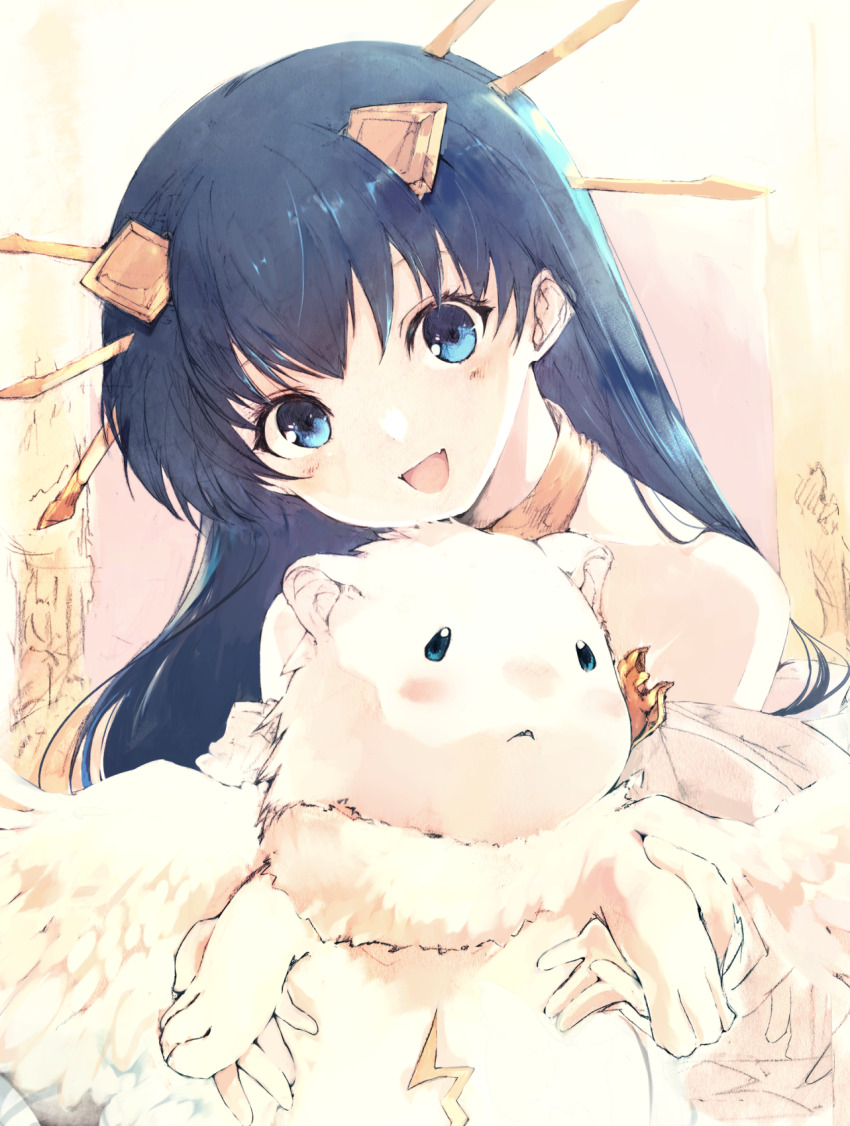 1girl animal backlighting blue_eyes blue_hair fang hair_ornament highres holding holding_animal jewelry lia_parapara_leazas long_hair looking_at_viewer necklace rance_(series) skin_fang smile solo tsutsugano wings