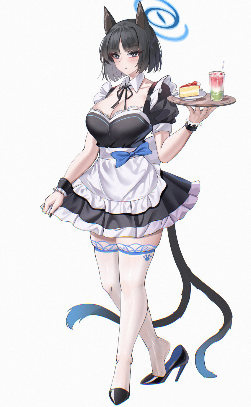 1girl absurdres animal_ears black_eyes black_hair black_shoes blue_archive blue_halo breasts cake cake_slice cat_ears cat_girl cat_tail cleavage dress food frills full_body halo high_heels highres holding holding_plate kaijiba kikyou_(blue_archive) large_breasts maid multiple_tails plate shoes short_hair solo standing tail