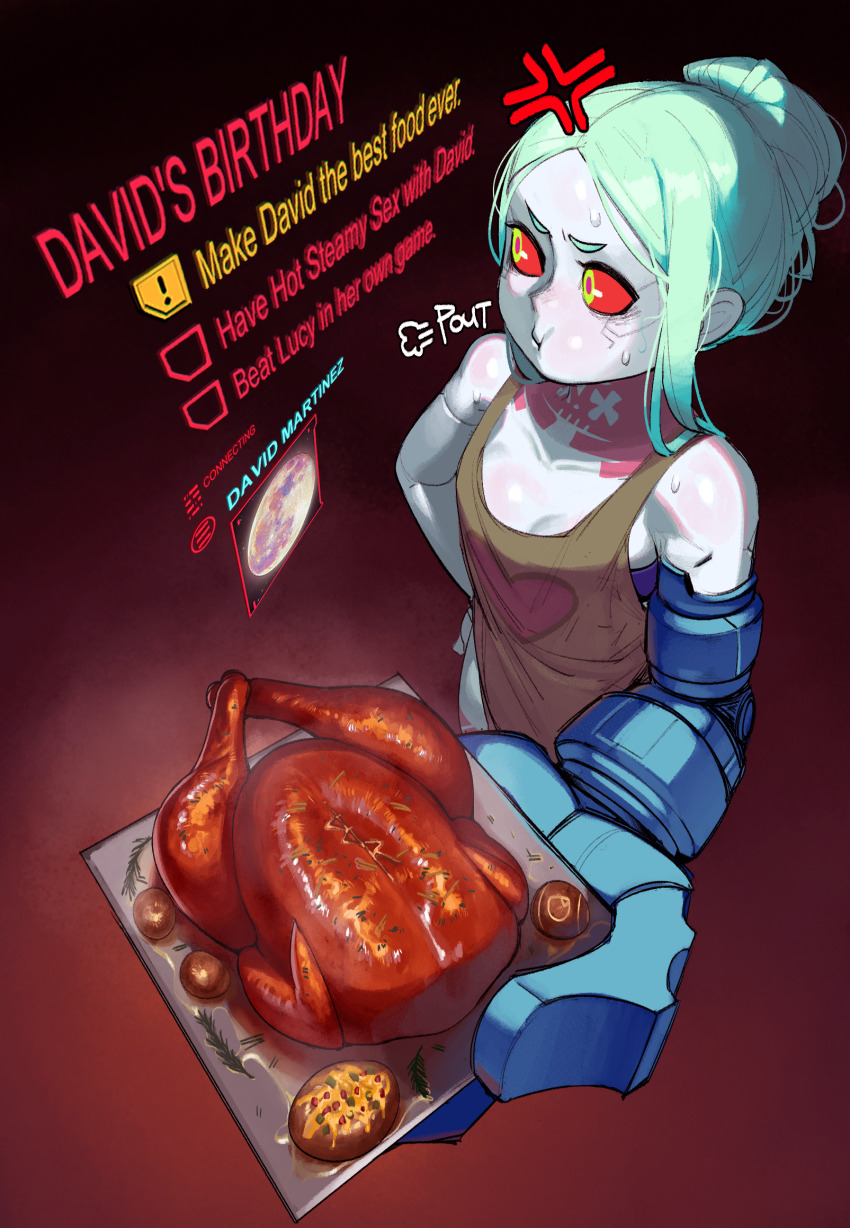 1girl :t anger_vein apron artificial_eye breasts checklist chicken_(food) colored_sclera colored_skin cyberpunk cyberpunk_(series) cyberpunk_edgerunners cyborg english_text food full_moon gameplay_mechanics green_hair hair_bun hand_on_own_hip highres holding holding_plate krekkball krekkov leg_tattoo mechanical_arms mechanical_eye mechanical_hands moon nearly_naked_apron neck_tattoo oversized_forearms oversized_limbs petite pink_tattoo plate potato pout puff_of_air rebecca_(cyberpunk) red_eyes red_pupils red_sclera single_mechanical_arm small_breasts solo sweat tattoo white_skin