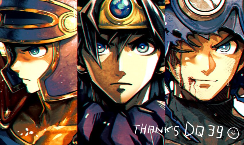 3boys ancestor_and_descendant anniversary aqua_eyes armor aviator_cap battle_damage black_bodysuit black_hair blood blood_from_mouth blood_on_face blue_armor blue_eyes blue_gemstone blue_hat blue_helmet blurry bodysuit bright_pupils cape circlet commentary_request covered_collarbone dragon_quest dragon_quest_i dragon_quest_ii dragon_quest_iii gem goggles goggles_on_headwear gold_circlet hat helmet hero_(dq1) hero_(dq3) highres in-franchise_crossover looking_at_viewer male_focus multiple_boys one_eye_closed orange_bodysuit prince_of_lorasia profile purple_cape red_cape roto_(dq3) sanpo_kbg serious smiley_face smirk sweat thank_you torn_clothes torn_hat upper_body white_pupils