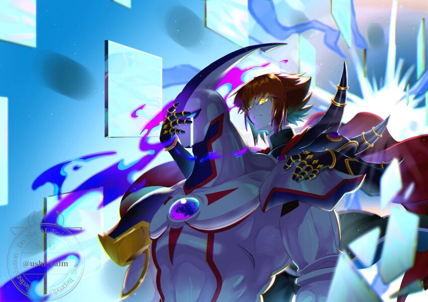 2boys armor black_armor brown_eyes cape chest_jewel colored_skin elemental_hero_neos highres male_focus medium_hair multiple_boys red_cape supreme_king_(yu-gi-oh!_gx) tears upper_body ushi_calm watermark white_skin yellow_eyes yu-gi-oh! yu-gi-oh!_gx yuki_judai