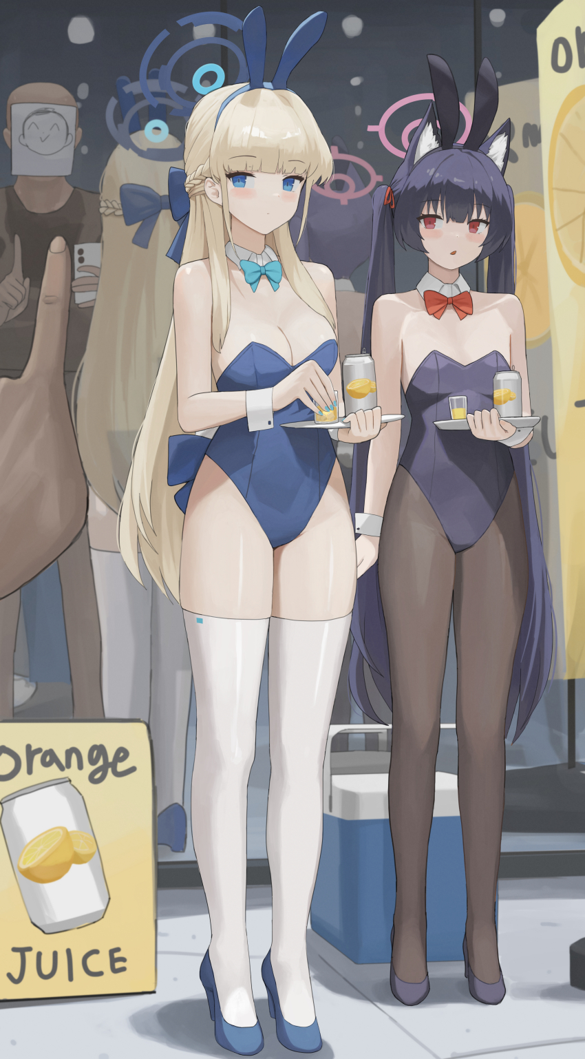 2girls absurdres animal_ear_fluff animal_ears bare_shoulders black_hair black_leotard blonde_hair blue_archive blue_eyes blue_leotard blush bow bowtie braid breasts brown_pantyhose can cat_ears detached_collar dolri drink_can extra_ears fake_animal_ears halo highleg highleg_leotard highres juice leotard long_hair looking_at_viewer medium_breasts multiple_girls orange_juice pantyhose playboy_bunny rabbit_ears red_eyes reflection serika_(blue_archive) small_breasts thighhighs toki_(blue_archive) toki_(bunny)_(blue_archive) twintails white_thighhighs wrist_cuffs