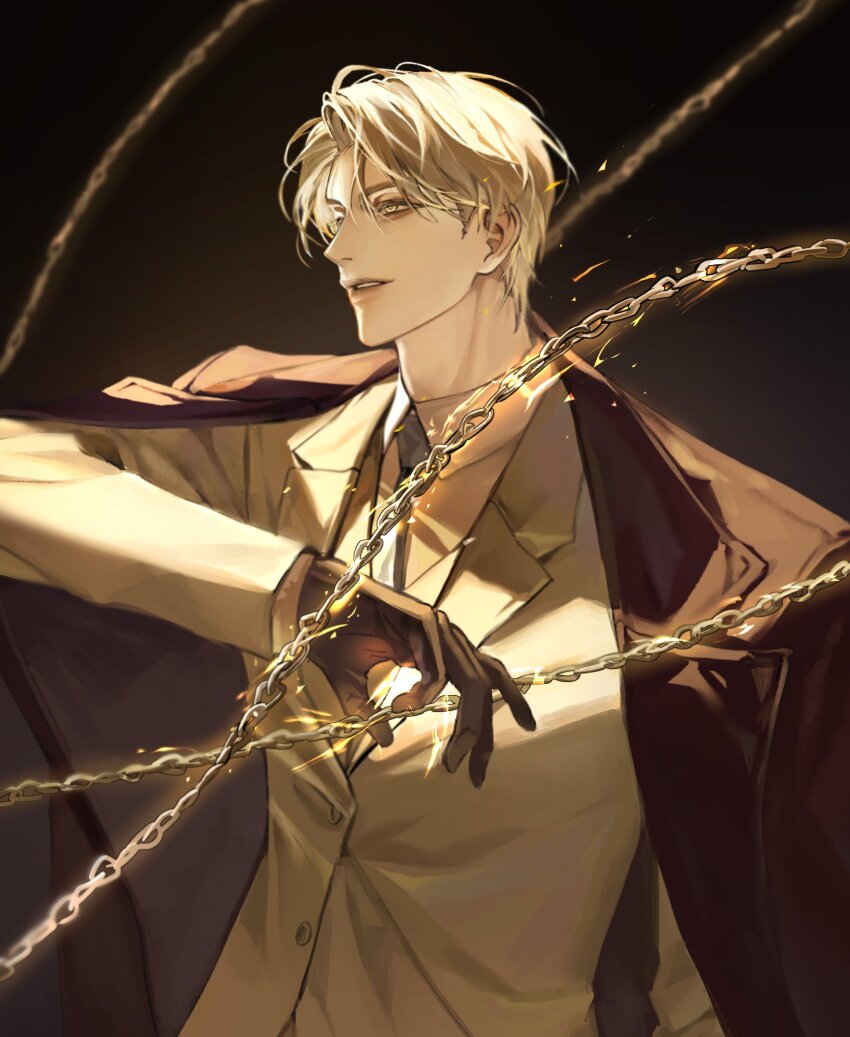 1boy black_gloves blonde_hair brown_background brown_coat brown_shirt brown_suit chain chhiii_o_o coat coat_on_shoulders formal_clothes gloves grey_necktie highres looking_to_the_side male_focus naega_kiun_s_geubdeul necktie parted_lips shirt short_hair simple_background solo suit sung_hyunjae upper_body yellow_eyes