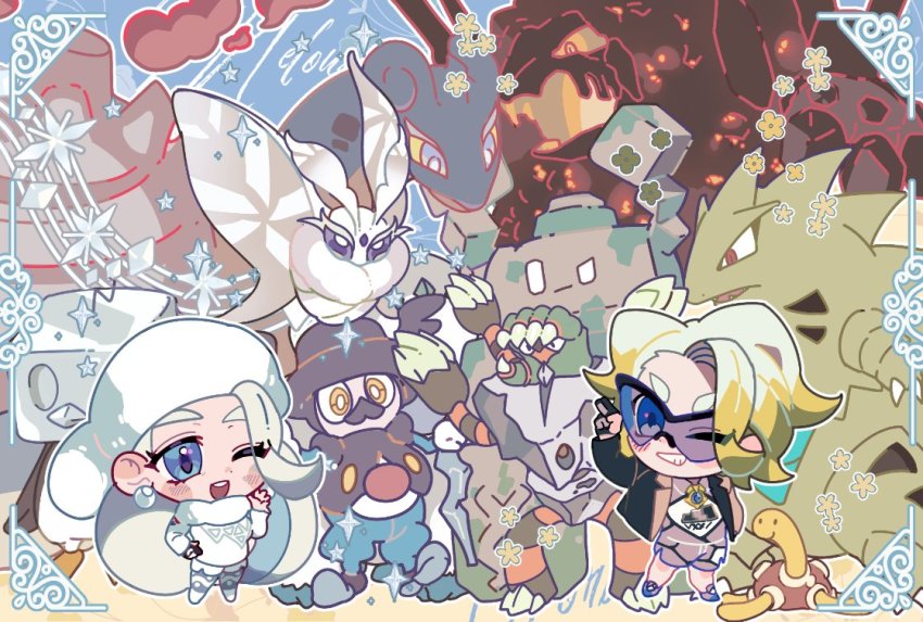 1boy 1girl bad_id bad_twitter_id barbaracle black-framed_eyewear blue-tinted_eyewear blue_eyes blush brown_jacket closed_mouth coalossal commentary_request eiscue eiscue_(ice) eyelashes frosmoth game_freak gen_1_pokemon gen_2_pokemon gen_6_pokemon gen_8_pokemon gigantamax gigantamax_coalossal gigantamax_lapras gloves gordie_(pokemon) gym_leader hat jacket jewelry korean_commentary lapras long_hair malshi_edroad melony_(pokemon) mother_and_son mr._rime multicolored_hair necklace nintendo one_eye_closed open_mouth pokemon pokemon_(creature) pokemon_swsh scarf shuckle smile sparkle stonjourner streaked_hair sunglasses sweater teeth tinted_eyewear two-tone_hair tyranitar upper_teeth_only white_headwear white_scarf white_sweater