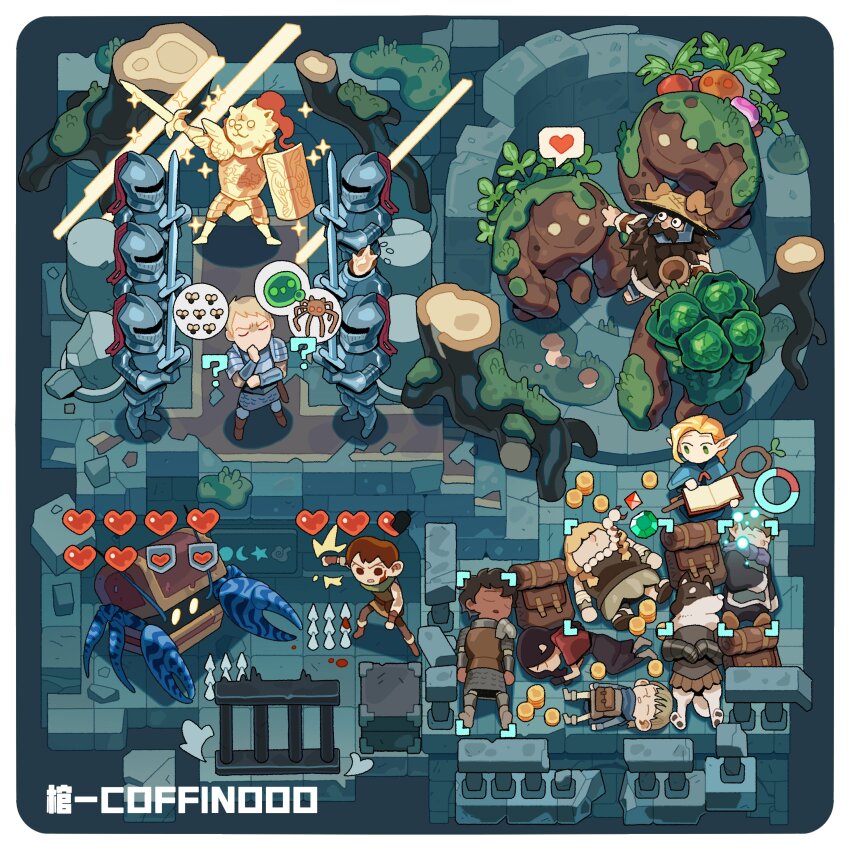 3girls 6+boys ? absurdres ambrosia_(dungeon_meshi) armor artist_name backpack bag border broken_wall cabbage chilchuck_tims closed_eyes coffinooo coin commentary crack cracked_floor dia_(dungeon_meshi) dilapidated dungeon_meshi english_commentary from_above gameplay_mechanics golem heart highres holding holding_sword holding_weapon holm_kranom indoors isometric kabru kuro_(dungeon_meshi) laios_touden living_armor_(dungeon_meshi) lying marcille_donato mickbell_tomas mimic mimic_chest monster moss multiple_boys multiple_girls on_back pincers railing rin_(dungeon_meshi) rounded_corners scenery senshi_(dungeon_meshi) sleeping sparkle spikes spoken_heart standing stone_wall sword tree_stump unworn_backpack unworn_bag wall weapon white_border wide_shot