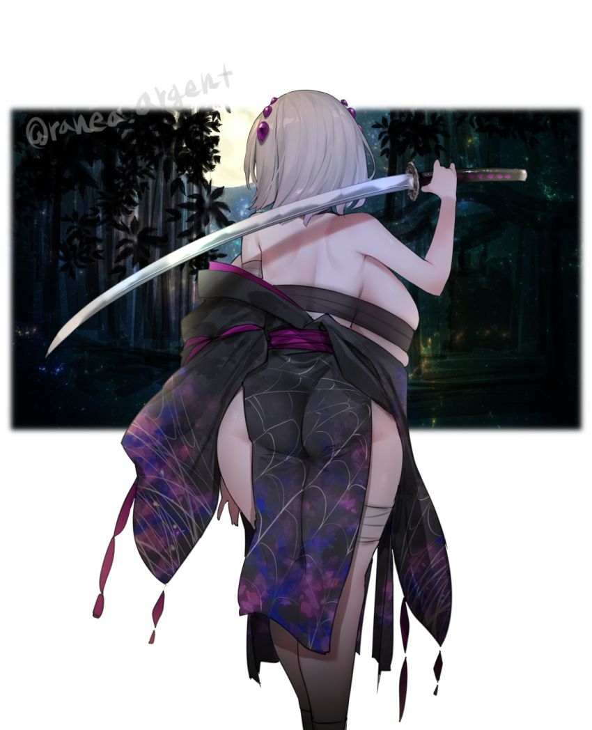 1girl ass black_kimono breasts character_name forest from_behind full_moon highres holding holding_behind_back holding_sword holding_sword_behind_back holding_weapon holding_weapon_behind_back huge_breasts indie_virtual_youtuber japanese_clothes katana kimono moon nature off_shoulder ranea_argent shadow short_hair simple_background solo sword tousen weapon white_background white_hair