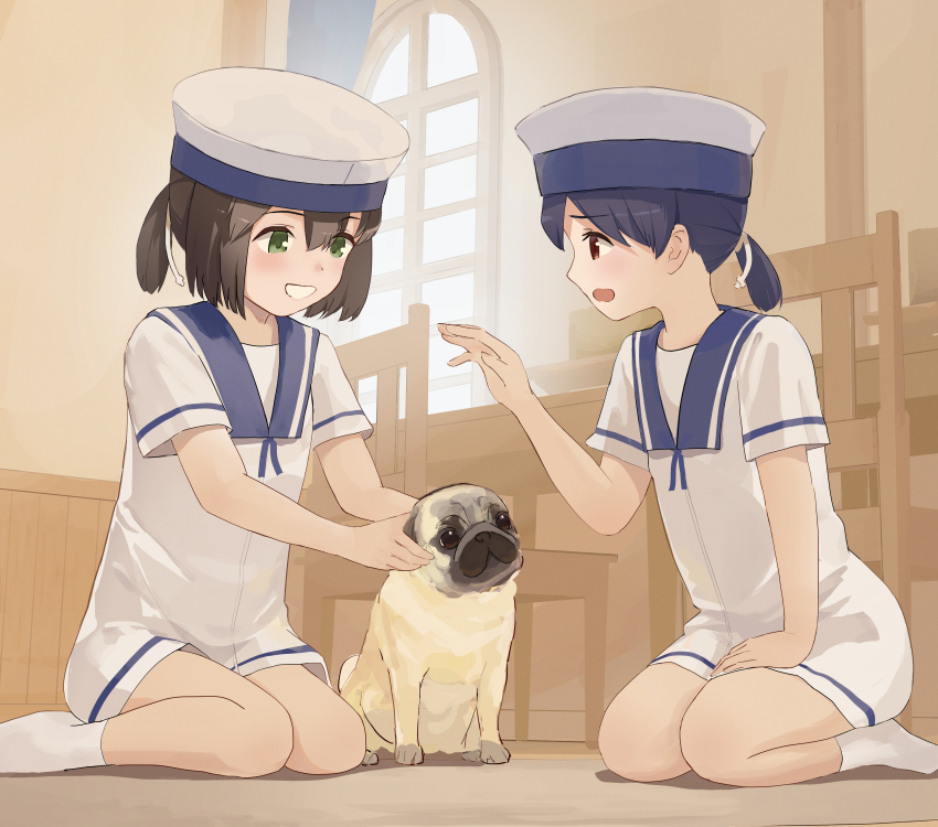 2girls black_hair blush brown_hair chair commission daitou_(kancolle) dog dress green_eyes hat hiburi_(kancolle) highres indoors kantai_collection multiple_girls on_floor open_mouth pixiv_commission ponytail pug red_eyes sailor_collar sailor_dress sailor_hat short_ponytail short_sleeves sitting socks table white_dress white_socks window yuu+