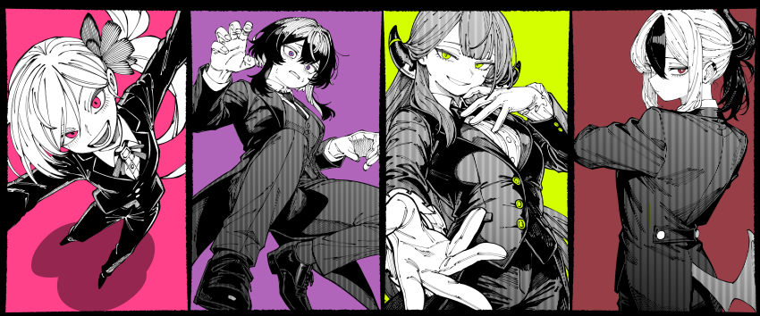 4girls absurdres aru_(blue_archive) black_hair black_shoes blue_archive breasts buttons ear_piercing evil_smile formal_clothes from_behind gloves green_eyes grey_background grin hair_between_eyes hair_ornament haruka_(blue_archive) highres horns kani_ka_nanika kayoko_(blue_archive) long_hair multicolored_hair multiple_girls mutsuki_(blue_archive) necktie open_mouth piercing pink_background pink_eyes ponytail problem_solver_68_(blue_archive) purple_background purple_eyes red_background red_eyes ribbon shirt shoes simple_background smile suit white_gloves white_shirt wings