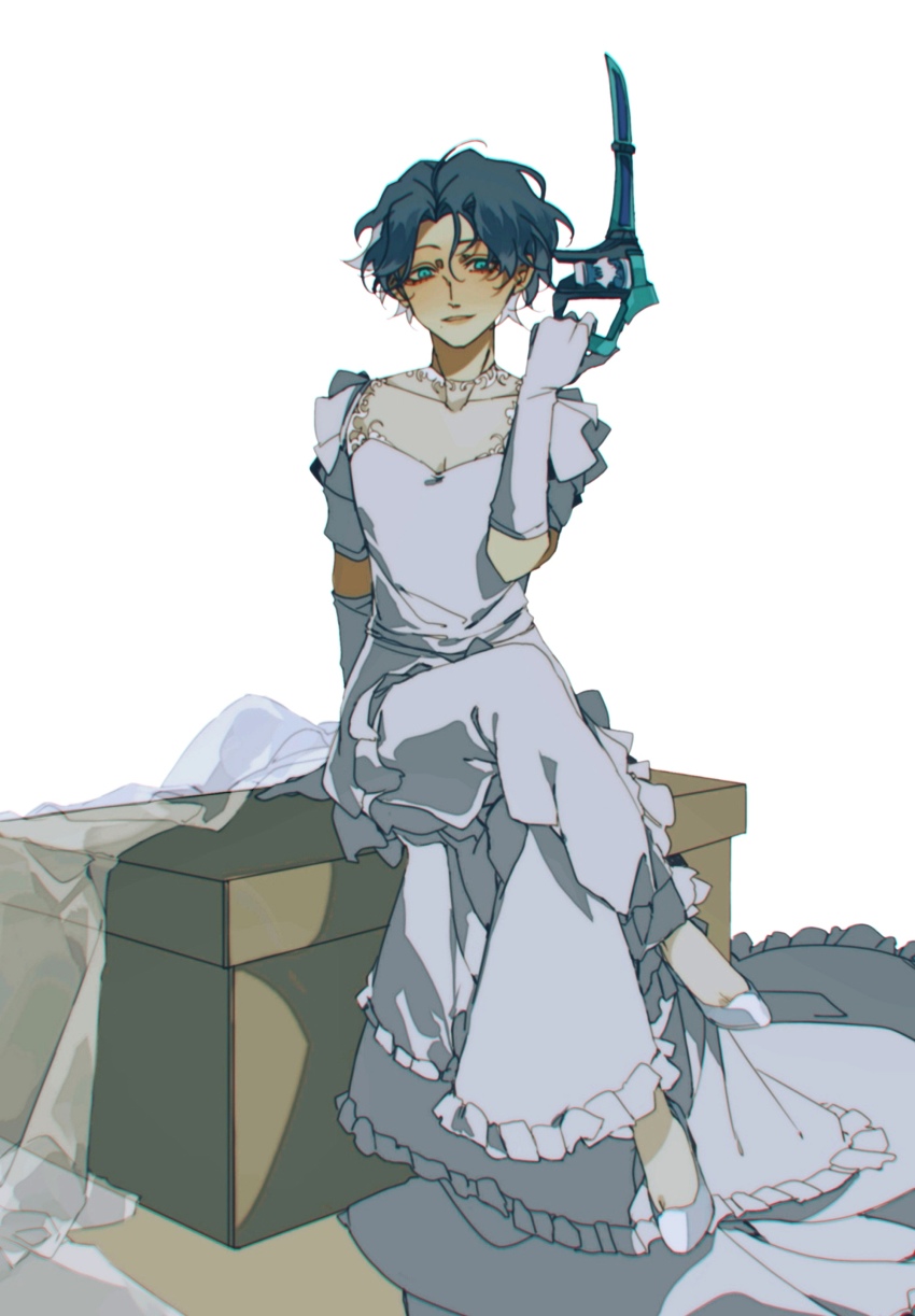 1boy absurdres adk-em bandai bandai_namco bat_genome black_hair crossdressing crossed_legs cyuer11 dress evil_grin evil_smile evilblade gloves grin handle highres ishimori_prod kagerou_(kamen_rider_revice) kamen_rider kamen_rider_revice male_focus short_hair sitting sketch sketch_background smile sword toei_company tokusatsu tv_asahi unfinished weapon wedding_dress white_background white_dress white_footwear white_gloves