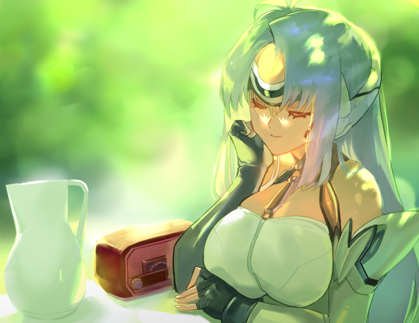 1girl android black_gloves blue_hair blurry blurry_background breasts closed_eyes closed_mouth commentary commentary_request english_commentary eyelashes fingerless_gloves forehead_protector gloves hair_between_eyes highres kos-mos large_breasts long_hair mixed-language_commentary negresco outdoors radio sitting smile solo xenosaga xenosaga_episode_i
