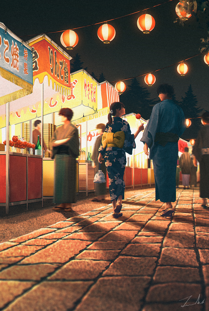 1girl 6+boys absurdres black_hair black_sky blue_kimono bottle brown_hair candy_apple commentary_request floral_print food hanging_lantern highres holding holding_food holding_pouch japanese_clothes kimono kinchaku long_hair long_sleeves market_stall multiple_boys night original people ponytail pouch sandals short_hair signature sky summer_festival tamaki_(tamaki_illust) tree walking yukata