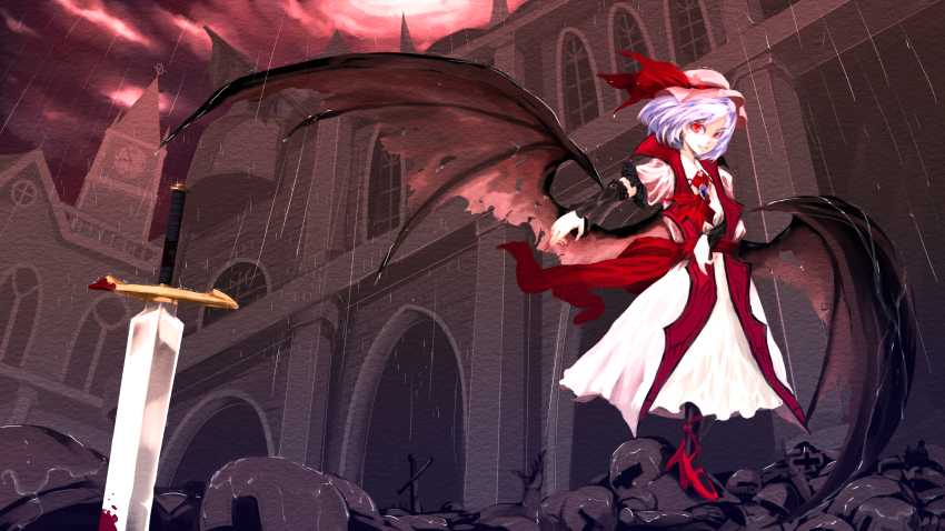 1girl adapted_costume amatou3 armband armor ascot bat_wings black_pantyhose blood bloody_weapon blue_hair bow brooch building clock clock_tower cloud cloudy_sky colored_eyelashes corpse dark detached_sleeves dress female_focus fingernails footwear_ribbon frilled_sleeves frills grin hat hat_bow high_heels highres jewelry koumajou_densetsu light_purple_hair lightning long_dress long_fingernails looking_at_viewer mansion mob_cap nail_polish night night_sky outdoors pantyhose planted planted_sword planted_weapon rain red_eyes red_nails red_shoes remilia_scarlet scarlet_devil_mansion sharp_fingernails shoes short_hair short_sleeves sky slit_pupils smile solo spread_wings standing swept_bangs sword teeth torn_wings touhou tower weapon white_dress wind wings