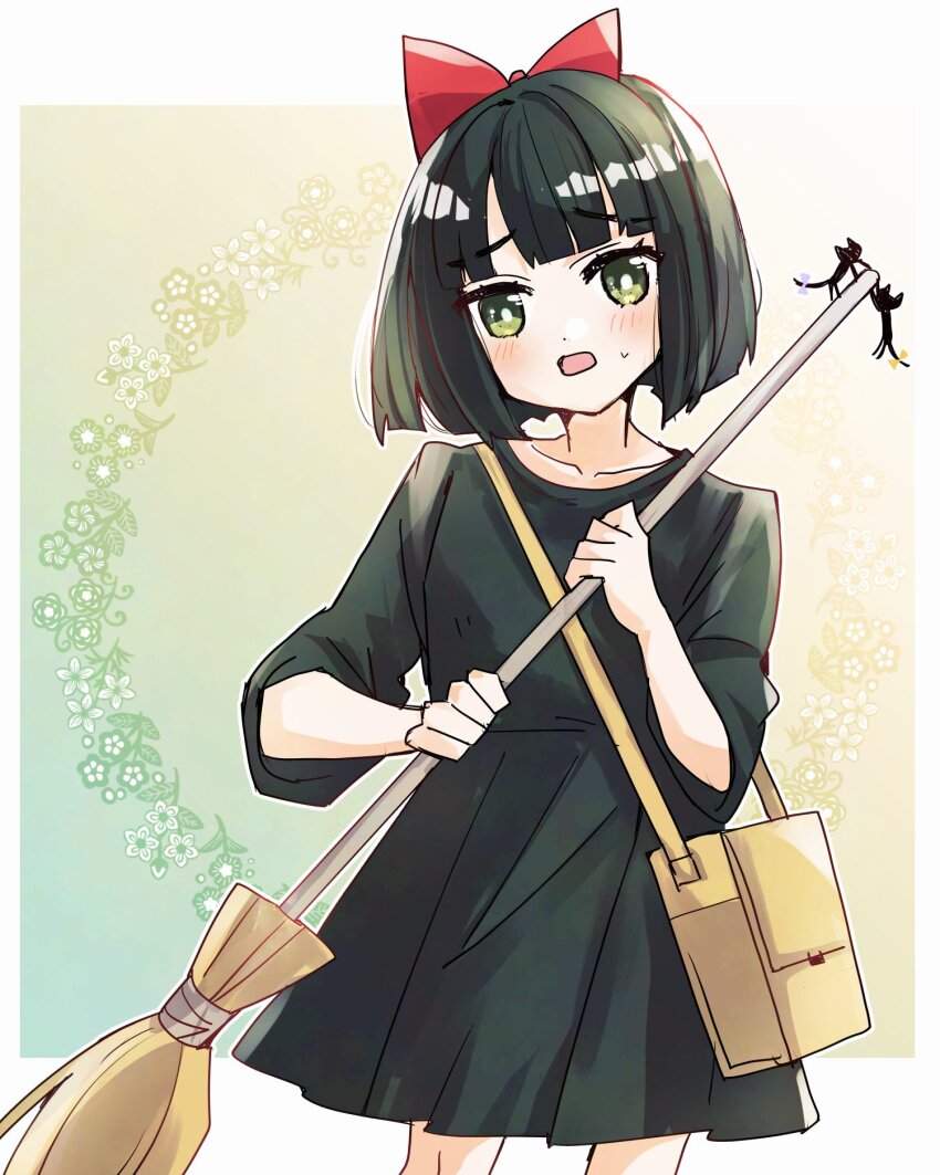 1girl bag black_dress black_hair blunt_bangs blunt_ends blush border bow broom commentary_request cosplay dress feet_out_of_frame gradient_background green_background green_eyes hair_bow halloween_costume highres holding holding_broom kanduki_kamibukuro kiki_(majo_no_takkyuubin) kiki_(majo_no_takkyuubin)_(cosplay) link!_like!_love_live! looking_at_viewer love_live! majo_no_takkyuubin momose_ginko open_mouth outside_border red_bow short_hair shoulder_bag three-quarter_sleeves solo sweatdrop two-tone_background virtual_youtuber white_border yellow_background yellow_bag