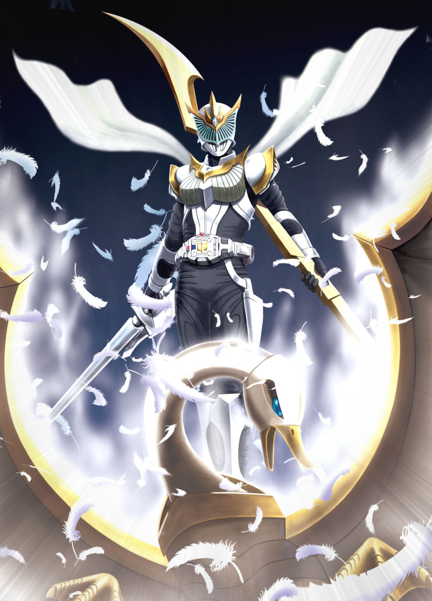 1girl bad_id bad_pixiv_id belt bird blancwing cape feathers female_focus highres hiro_(hibikigaro) kamen_rider kamen_rider_femme kamen_rider_ryuki_(series) solo swan sword weapon
