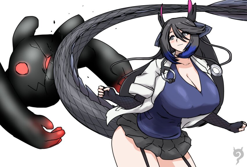 1girl animal_ears black_dragon_(kemono_friends) black_hair blue_hair blush breasts cellien_(kemono_friends) cleavage coat doctor dragon_ears dragon_girl dragon_horns dragon_tail ear_tufts fingerless_gloves fishnet_gloves fishnets garter_straps gloves grey_eyes highres holding holding_stethoscope horns huge_breasts japari_symbol kemono_friends kemono_friends_3 kusamogura lab_coat long_hair multicolored_hair multicolored_horns open_clothes open_coat pink_horns purple_horns scale_print shirt skirt stethoscope tail tail_slapping white_coat