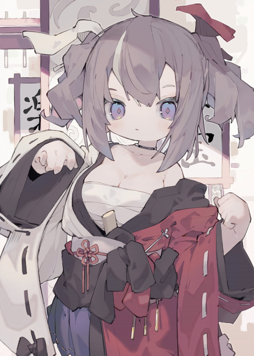 1girl absurdres black_kimono blue_eyes breasts brown_hair chest_sarashi cleavage collarbone highres japanese_clothes kimono looking_at_viewer multicolored_hair multicolored_kimono nep_(nep_76) original parted_lips sarashi solo two-tone_hair two_side_up upper_body white_kimono white_streaks