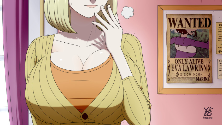 2girls blonde_hair breasts cleavage female_focus head_out_of_frame heavy_breathing highres huge_breasts kaya_(one_piece) large_breasts medium_hair multiple_girls one_piece original skindentation sweatdrop upper_body wanted_poster ydbunny