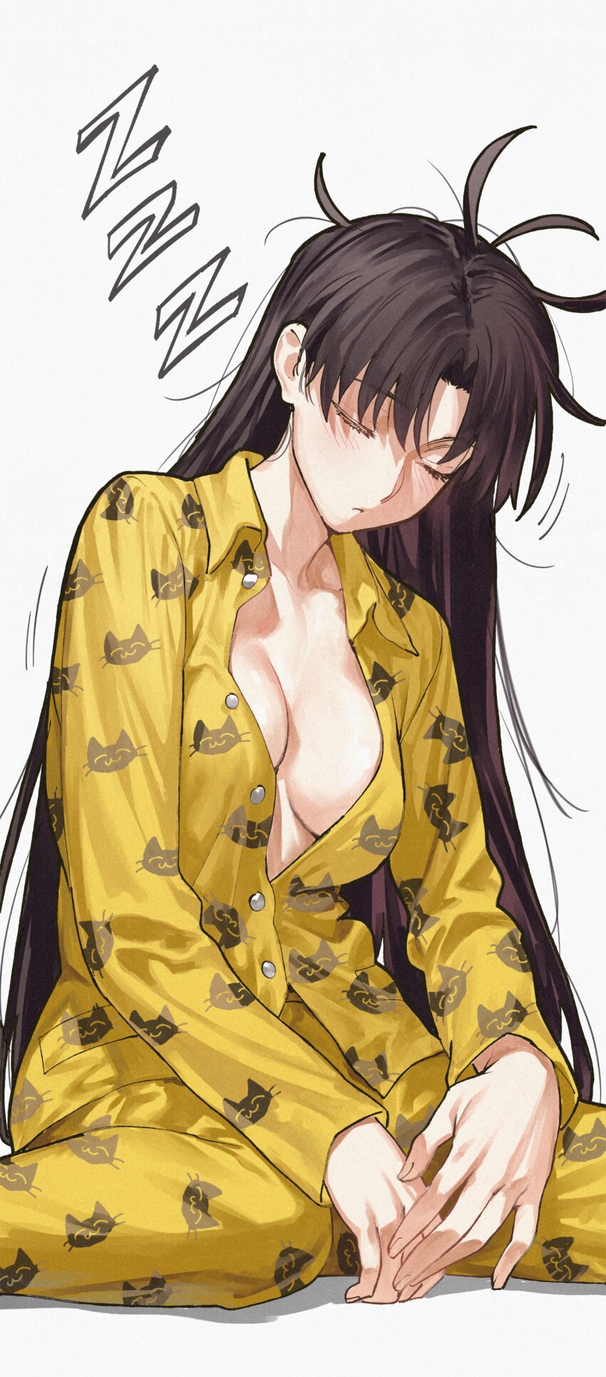 1girl absurdres animal_print blush breasts brown_hair cat_print cleavage closed_eyes fate/stay_night fate_(series) highres kamisato_sora long_hair long_sleeves medium_breasts pajamas pants parted_bangs shirt sitting sleeping solo tohsaka_rin yellow_pants yellow_shirt zzz