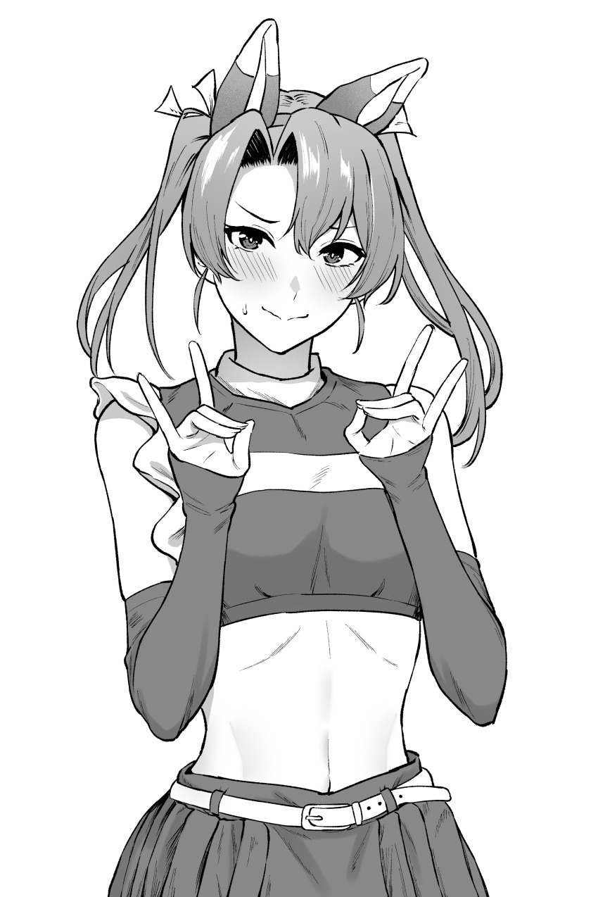 1girl absurdres alternate_costume animal_ears asymmetrical_bangs belt breasts closed_mouth commentary_request crop_top detached_sleeves double_fox_shadow_puppet embarrassed fake_animal_ears fox_ears fox_shadow_puppet greyscale highres hokkaido_nippon-ham_fighters kantai_collection long_hair looking_at_viewer midriff monochrome nippon_professional_baseball official_alternate_costume pleated_skirt revision skirt small_breasts smile solo takaman_(gaffe) twintails white_background zuikaku_(cheerleader)_(kancolle) zuikaku_(kancolle)